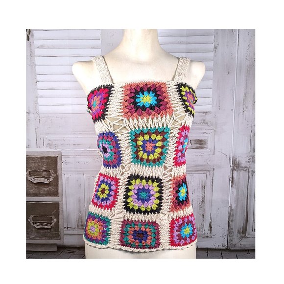 Jaxli Granny Square Crochet Multi Color Tank Top Lace Up Back, Lined Size Small - Picture 1 of 7